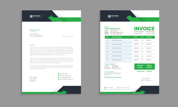 Creative, modern, unique, clean, and professional corporate company business letterhead and invoice template design with color and concept variation bundle