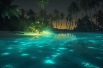 Fototapeta na wymiar paradise vacation blue tree night tropical ocean palm sky beach luminous. Generative AI.