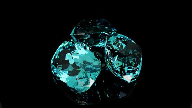 Paraiba tourmalines rotating on black glossy background. 3D seamless loop animation