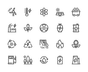 Types of energy vector line icons. Isolated icon collection of energy types on white background. Energy vector symbol set.