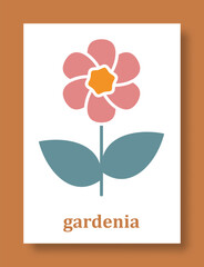 Abstract symbol of gardenia flower. Simple minimal style of gardenia petals and branch with leaves. Vector illustration.