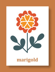 Abstract symbol of marigold flower. Simple minimal style of marigold petals and branch with leaves. Vector illustration.