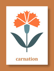 Abstract symbol of carnation flower. Simple minimal style of carnation petals and branch with leaves. Vector illustration.
