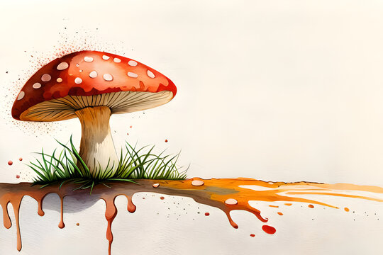 fly agaric mushrooms, watercolor orange mushroom whit grass