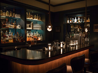 Beautiful blue cocktail glass with summer cocktail decorated with fruit and bar utensils on the counter Generative AI