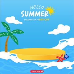 Fototapeta na wymiar Hello Summer Sale poster and banner template.Sea background with podium, starfish and coconut tree.