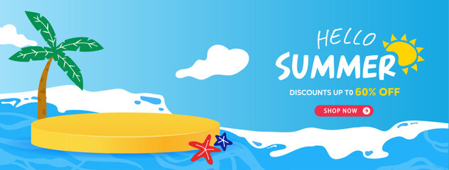 Hello Summer Sale poster and banner template.Sea background with podium, starfish and coconut tree.