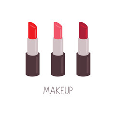 Set of color lipsticks. Red lipstick, pink lipstick, wine lipstick.