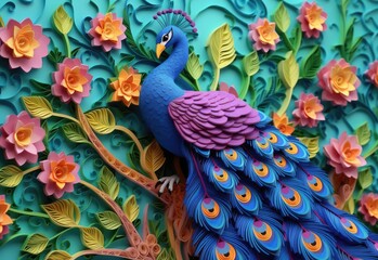 A peacock made by quilling papers, simple color, 3D, This wallpaper is suitable for interior mural painting wall art decor, 3D background. AI