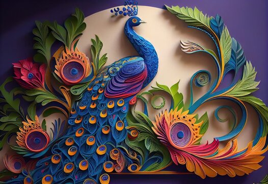 A peacock made by quilling papers, simple color, 3D, This wallpaper is suitable for interior mural painting wall art decor, 3D background. AI