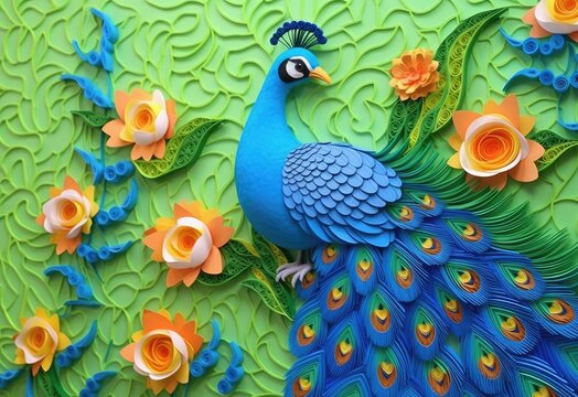 A peacock made by quilling papers, simple color, 3D, This wallpaper is suitable for interior mural painting wall art decor, 3D background. AI