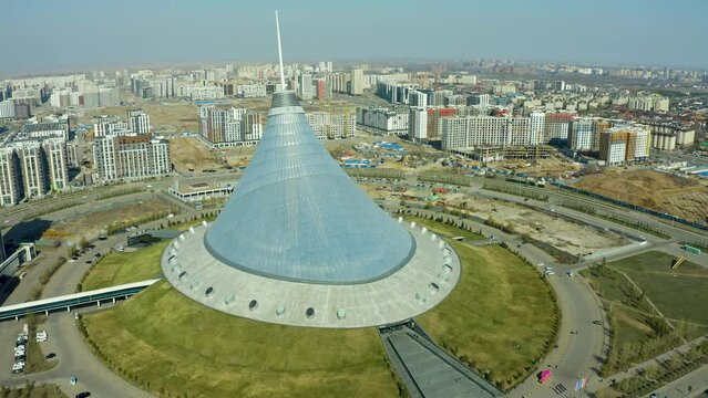 Aerial view over the city center with Khan Shatyr and central business district Kazakhstan, Astana, Central Asia