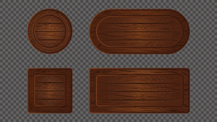 Wooden game sign board cartoon banner. Wood texture ui plank isolated on transparent background. Signboard frame circle icon button design set. Rustic menu kit. Blank level plaque collection