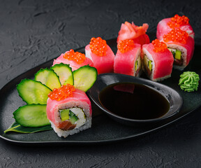 Sushi roll Maguro with tuna and red caviar