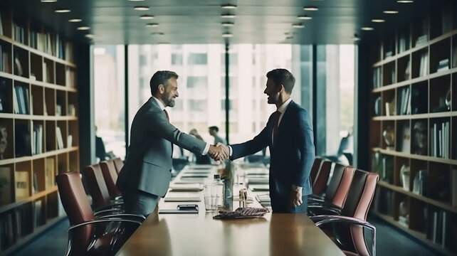 businessman handshake for teamwork at meeting room after successful deal in modern office, Generative AI