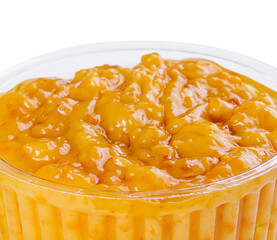 Bowl of tasty honey mustard sauce on white background