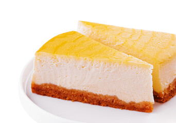 two slices of lemon cheesecake on a plate