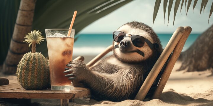 sloth is on summer vacation at seaside resort and relaxing on summer beach Generative AI