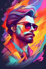 Man with sunglasses and beard in front of orange and pink background. Generative AI.