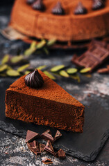 slice of tasty chocolate cake with chocolate sliced