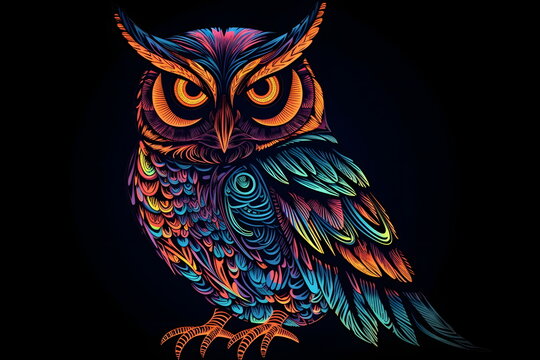 Brightly colored owl sitting on top of black background with black background. Generative AI.