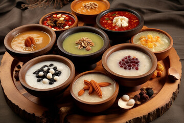 Pearl porridge or pearl sago. Popular Indonesian desserts are served on wooden plates with various flavours. Ai generative