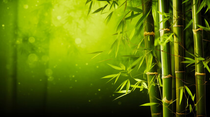 Bamboo tree with bright green leaves in the foreground and blurry background. Generative AI.