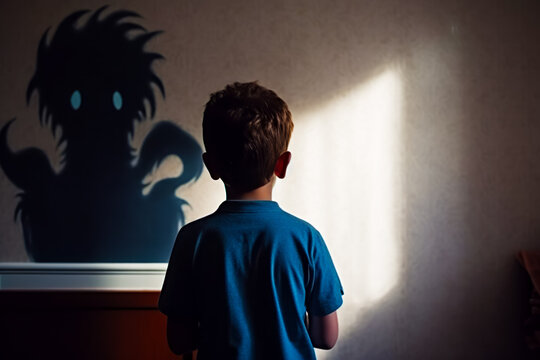 Young boy standing in front of shadow of dragon on wall. Generative AI.