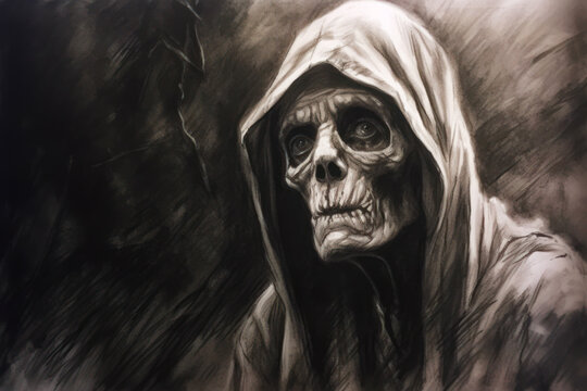 Black and white drawing of skeleton wearing hooded hood and holding knife. Generative AI.