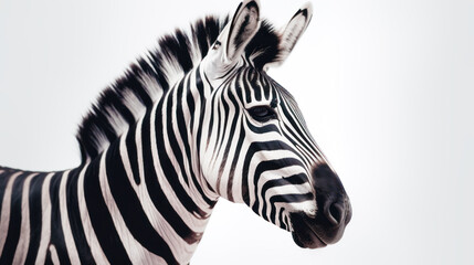 Fototapeta na wymiar Close up of zebra's head with white sky background. Generative AI.