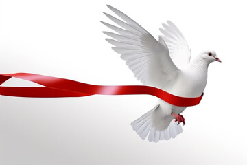 White flying dove with red band in white background. Symbol of love and peace. Generative AI
