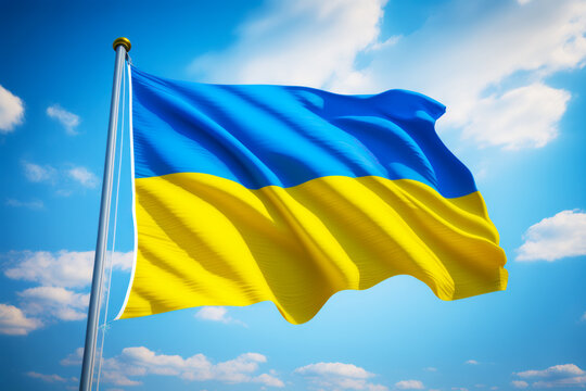Large blue and yellow Ukrainian flag flying in the air with blue sky in the background. Generative AI.