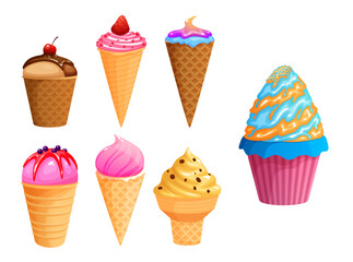 Vector illustration of a cute cartoon ice cream set featuring various colorful scoops, cones, and popsicles. Bright and playful design perfect for summer, food-themed projects, children's content, or 