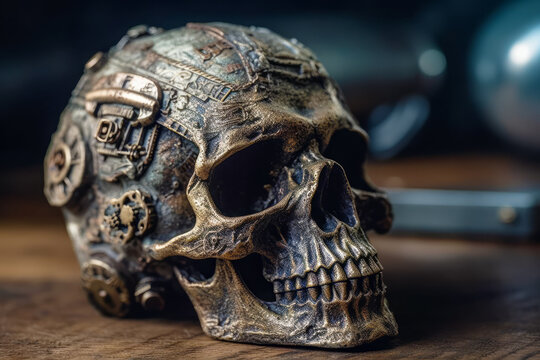 Metal skull sitting on top of wooden table next to cell phone. Generative AI.