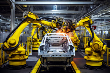 Car being assembled in factory with robot working on the car. Generative AI.