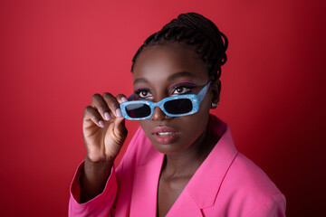 Closeup Shot Of Beautiful Black Female Fashion Model Wearing Stylish Sunglasses