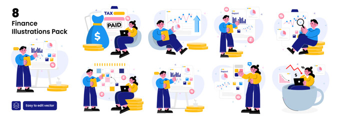 Fototapeta premium Finance illustrations. Mega set. Collection of scenes with men and women taking part in Finance activities. Trendy vector style