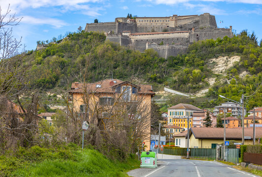 GAVI, ITALY, APRIL 17, 2023 - View of the town of Gavi with the fort, province of Alessandria, Italy