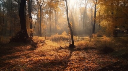 Obraz premium Astonishing scene of an gather time forest with sunrays entering through the branches. AI Generated