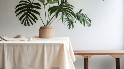 Delicate beige cotton tablecloth on counter table, tropical dracaena tree in daylight on white divider foundation. AI Generated