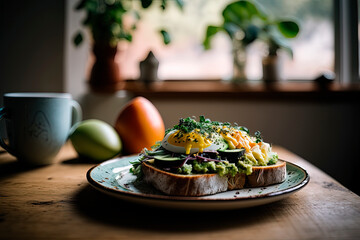 A close up of a plate of food on a table, avocado toast. Generative AI