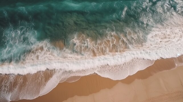 Airborne see of sandy shoreline with waves and clear ocean water. AI Generated