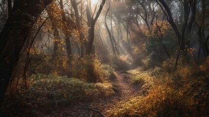 Disorienting scene of an assemble time woodland with sunrays entering through the branches. AI Generated