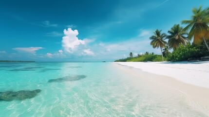 Fototapeta premium tropical Maldives island with white sandy shoreline and sea. palm. AI Generated