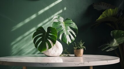 Unessential, progressed white marble stone counter table, tropical monstera plant tree in sunshine on green divider establishment for luxury progressed characteristic remedial. AI Generated