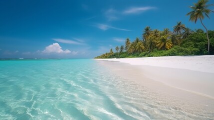tropical Maldives island with white sandy shoreline and sea. palm. AI Generated - obrazy, fototapety, plakaty