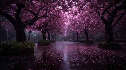Purple cherry trees sprout after rain at night. AI Generated
