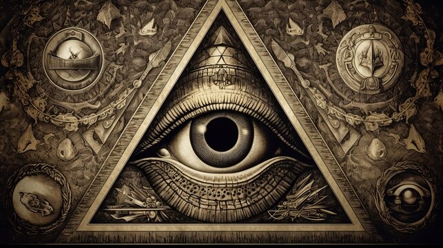 photo Sign Illuminati. freemasonry. The masonic square. All seeing eye in sacred geometry triangle. AI Generated