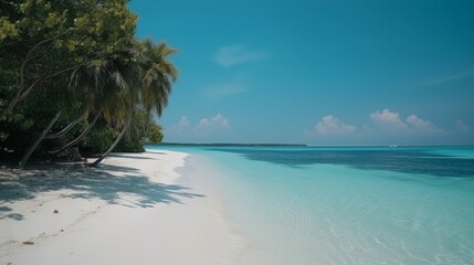 Fototapeta premium tropical Maldives island with white sandy shoreline and ocean. palm. AI Generated