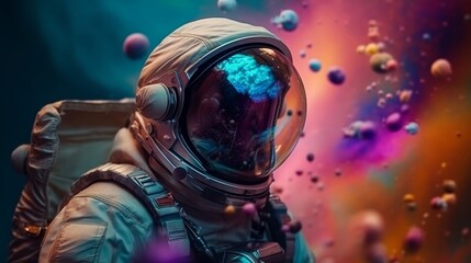 Overwhelming depict of an space pioneer in a colorful bubbles universe on a unmistakable planet. AI Generated